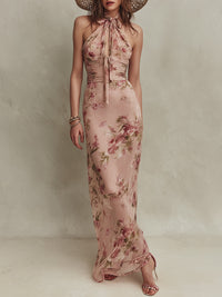 Elegant floral print keyhole maxi summer dress