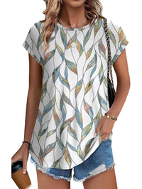 Meadow | Women's Leaf Print Crew Neck Cap Sleeve Casual Top