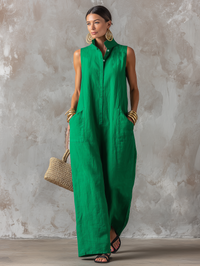 Elegant sleeveless stand collar wide leg jumpsuit