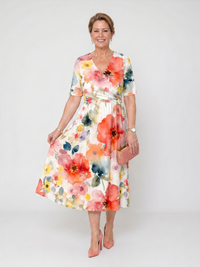 Corinne | Floral Print Short Sleeve V Neck Midi Dress