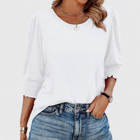 Harper | Women's Smocked Cuff 3/4 Sleeve Crew Neck Top