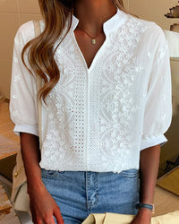 Effortless embroidered V neck puff sleeve summer blouse