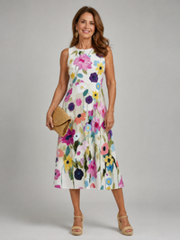 Flory | Floral Print Sleeveless Round Neck Midi Dress