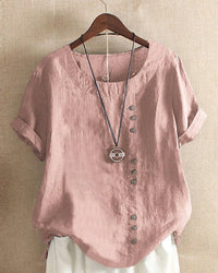 Effortless button front crew neck short sleeve top