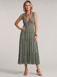 Somala | Pleated Sleeveless Tiered V Neck Midi Dress