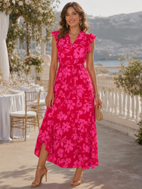 Zame | Sleeveless V Neck Ruffle Trim Midi Dress