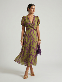Relaxed floral wrap midi summer dress short sleeve