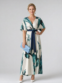 Moglos | Abstract Belted Flutter Sleeve Maxi Dress