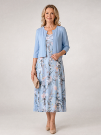 Celeste | Floral Print Sleeveless Cropped Jacket Midi Dress