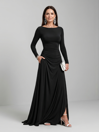 Gyram | Long Sleeve Boat Neck Flowing Maxi Dress
