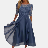 Elegant lace bodice tiered wedding guest party dress