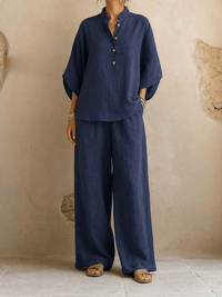 Relaxed two piece set with wide leg pants and batwing blouse