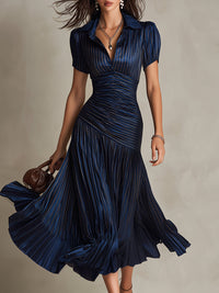 Elegant retro striped pleated midi dress
