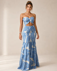 Effortless tropical two piece set with tiered maxi skirt and smocked top