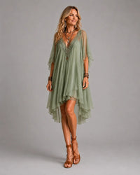 Effortless tiered boho mini dress with layered skirt