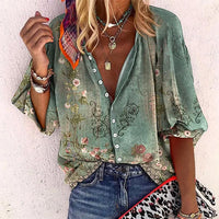 Zara | Women's Boho Print Blouse V-Neck Long Sleeve Button Down