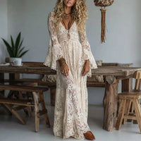 Elegant deep V bell sleeve boho maxi evening dress