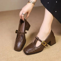 Odette | Women's Square Toe Mary Jane Heels Block Heel Gold Buckle