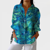 Stylish peacock feather print button down blouse plus size