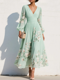 Elegant floral pleated wedding guest maxi dress