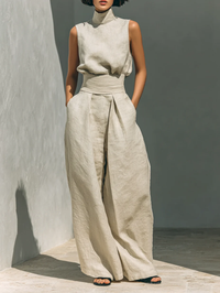 Aurora | Relaxed Beige Sleeveless Wide-Leg Co-Ord Set