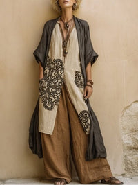 Giulia - Three-Piece Bohemian Nomad Set in Dark Gray and Brown with Tribal Pattern