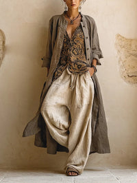 Relaxed boho three piece set with wide leg pants and printed top