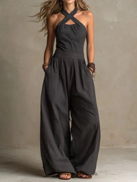 Elegant wrap neck wide leg jumpsuit with pockets plus size