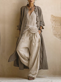 Relaxed three piece set with cardigan sleeveless top and pants