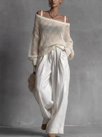 Elegant off shoulder top and wide leg pants two piece set